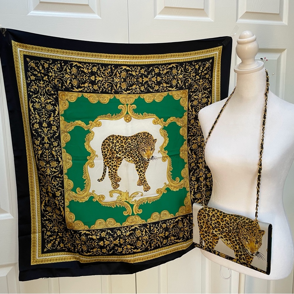 Vintage scarf and mini purse clutch set with a Jaguar motif